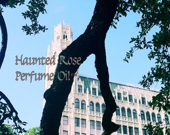 May include: A vintage-style building with a clock tower, framed by a tree branch. The text "Haunted Rose Perfume Oil™" is superimposed on the image.
