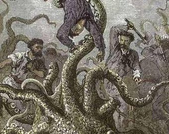 May include: A vintage-style illustration depicting a large, textured green octopus with prominent eyes and suckered tentacles grappling with several figures in dark clothing, one of whom is being lifted upside down, while birds fly overhead.