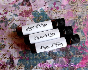 Steampunk Gals Perfume Sampler set of THREE VIALS, Victorian Perfume, Steampunk Perfume — half dram (2ml) vials
