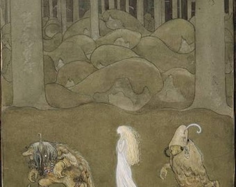 May include: An illustration by John Bauer dated 1913 featuring a tall, slender figure with long blonde hair in a white gown walking between two large, furry, brown creatures with pointed ears and tails in a dense, muted forest setting.