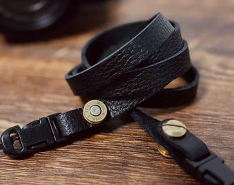 Lychee Soft Grain Leather Camera Strap, Brass Bullet Buckle, Quick-Release