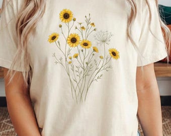 Maglietta con girasoli selvatici, maglietta vintage con girasoli e fiori selvatici, maglietta con grafica floreale botanica, colori confortevoli, regalo estetico con fiori primaverili