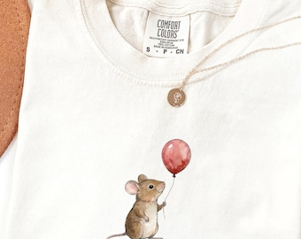 Vintage Watercolor Mouse T-Shirt | Aesthetic Whimsical Mouse with Balloon Tee | Comfort Colors 1717 Ivory Shirt | Coquette Streetwear