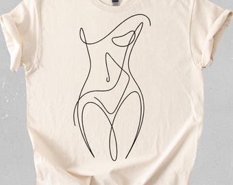 Maglietta con linee astratte del corpo, maglietta con forme femminili minimaliste, maglietta con curve estetiche moderne, elegante vettore semplice, maglietta con grafica beige nera