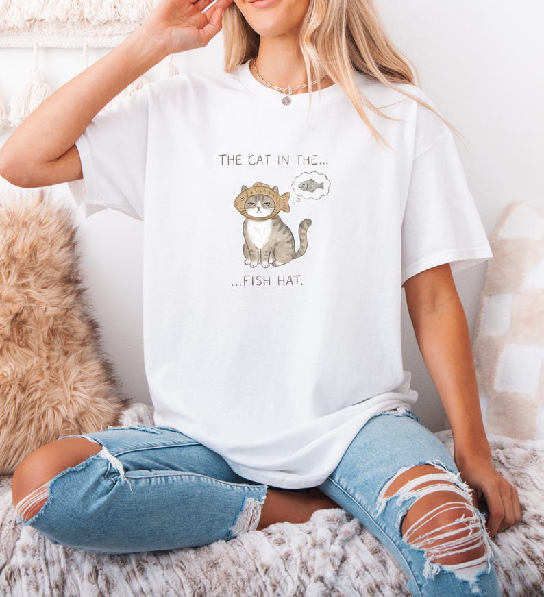 Cat in Fish Hat Shirt, Grumpy Cat Tee, Kitten Graphic, Watercolor Animal Art, Humorous Pet Shirt, Aesthetic Cat Top, Whimsical Animal Design image 2