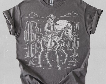 Vintage Cowboy Skeleton Shirt, Skeleton Riding Horse Graphic, Desert Skeleton T-shirt, Wild West Skeleton Gift, Unique Country Skull Shirt