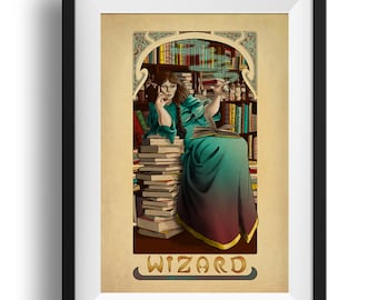 May include: A vintage-style illustration of a woman in a teal and burgundy robe sitting on a stack of books in a library. The woman is holding a book and pointing with her other hand. The text "WIZARD" is at the bottom of the image.