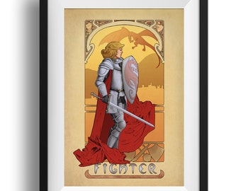 La Combattante -  The Fighter - Print - Tabletop Nouveau Dungeons and Dragons Pathfinder Art Nouveau