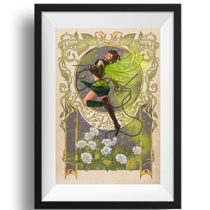May include: Art Nouveau style print of a fairy with green wings and attire, holding a bow and arrow. The artwork features a circular background with a starry pattern, surrounded by floral and leaf motifs. White flowers are at the bottom.