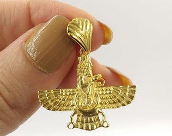 18k Gelbgold Farvahar Ahura Mazda Zoroastrian Persischer Achaemenian Anhänger 7,5 Cm Made In US - Österreich