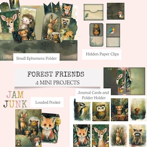 May include: A collection of forest-themed paper crafts, including a small ephemera folder, hidden paper clips, journal cards, and a loaded pocket. The image features illustrations of woodland animals such as deer, foxes, and bears. Text reads "FOREST FRIENDS 4 MINI PROJECTS".