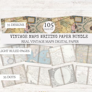 May include: A collection of vintage map designs for writing paper. The image displays a bundle with 35 designs, 105 pages in PDF format, and includes 35 light ruled pages and 35 dot pages. The text reads "Vintage Maps Writing Paper Bundle."