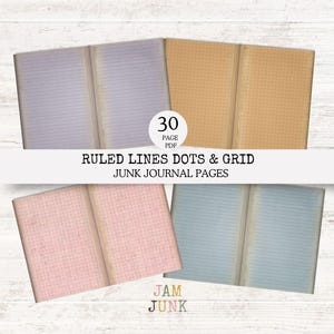 May include: Four open junk journal pages with different paper styles: lined, grid, and dot. The pages are in pastel colors: lavender, peach, pink, and blue. The text on the image reads "Ruled Lines Dots & Grid Junk Journal Pages".