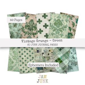 May include: A selection of vintage-style junk journal pages in green and cream hues. The pages display diverse patterns, such as floral designs, polka dots, and cross motifs. Text on the pages reads "Vintage Grunge - Green" and "Ephemera Included."