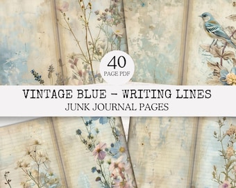 Vintage Blue Junk Journal Pages: 20 Ruled & Unlined Printable Designs (PDF Download)