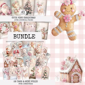 Bundle Of Cute Pink Christmas, 28 tags Mini Folio and 43 Page Junk Journal Papers. Digital Download.