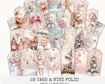 Pink Xmas Gift Tags and Mini Folio. 28 Tags, 6 Pages, Mini Project, Xmas Printable Set, Pink Chritmas Gift Tags, Print at Home