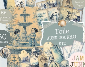 Blue Toile Junk Journal Kit: Vintage Ephemera, Tags (50 Digital Pages, PDF Download)