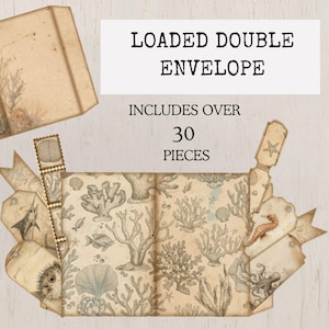 May include: Vintage-style double envelope with seahorse and coral illustrations. The envelope includes over 30 pieces. The design features a seahorse, coral, and other sea life elements, with the text "LOADED DOUBLE ENVELOPE".