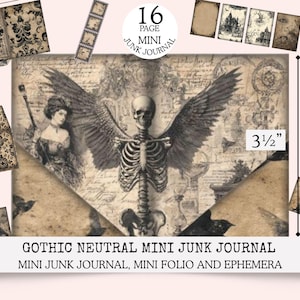 Może przedstawiać: Gotycki mini dziennik śmieciowy z ilustracją szkieletu, o wysokości 8,89 cm. Dziennik ma estetykę vintage z neutralną paletą kolorów i zawiera efemerydy. Na okładce widnieje napis "16 PAGE MINI JUNK JOURNAL".