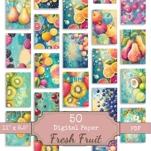 Bright Fresh Fruit Digital Paper Pack, Summer Fruit Digital Paper Pack, 50 Vibrant Digital Pages, Mixed Fruits Colorful Backgrounds