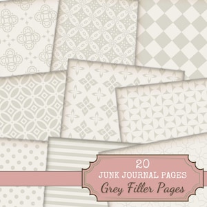Puede incluir: Un conjunto de 20 páginas de diario basura con varios patrones, incluyendo formas geométricas, lunares y rayas. Las páginas son en tonos grises y crema, con el texto "Grey Filler Pages" en una etiqueta rosa.