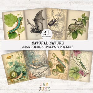 May include: A collection of vintage-style junk journal pages and pockets with illustrations of natural elements. The pages feature images of a caterpillar, bat, beetle, snake, snail, lizard, and praying mantis. The text reads "Natural Nature" and "31 Page PDF".