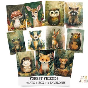 May include: A collection of watercolor art cards featuring forest animals, including a deer, owl, raccoon, frog, badger, rabbit, bear, hedgehog, fox, and mouse. The cards are in a variety of colors and are labeled "Forest Friends".