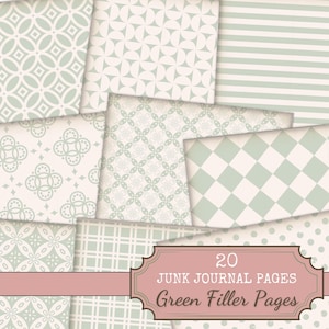 Może przedstawiać: Zestaw 20 stron dziennika śmieciowego z różnymi wzorami w miękkich odcieniach zieleni i kremu. Wzory obejmują paski, kropki, kształty geometryczne i motywy kwiatowe. Tekst "Junk Journal Pages" i "Green Filler Pages" jest wyświetlany na różowej etykiecie.