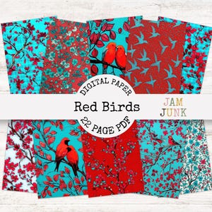 May include: A selection of digital paper sheets with diverse patterns. The designs showcase red birds, floral branches, and flying birds against teal and red backgrounds. The text "Red Birds" and "22 Page PDF" is displayed.