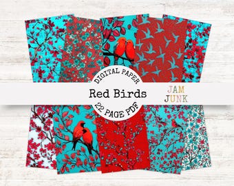 Red Birds – 22 Page Digital Paper Pack, Aqua and Red Patterned Paper, Printable Download, Junk Journal Paper, Birds and Blossoms PDF