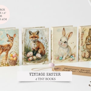 May include: A set of four miniature vintage Easter books, each approximately 1.2" x 1.6". The books feature illustrations of a deer, fox, and two rabbits. The books are handmade and have a charming, antique aesthetic.
