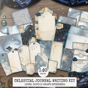 May include: A celestial journal writing kit with 140 pieces of ephemera. The kit includes various tags, envelopes, and papers with celestial designs in shades of blue, beige, and white. The text on the image reads "CELESTIAL JOURNAL WRITING KIT LINES, DOTS & GRAPH EPHEMERA."