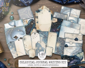 Celestial Junk Journal Writing Ephemera, Over 140 Pieces with Lines, Dots or Grids, Celestial Sun Moon and Stars Digital Ephemera