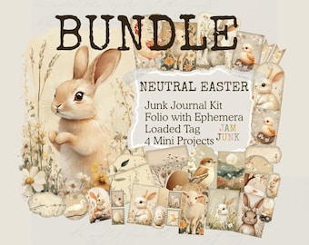 Neutral Easter Junk Journal Bundle – Vintage Spring Printable Kit, Easter Bunny and Lamb Ephemera, Folio, Kit, Mini Projects, Loaded Tag,