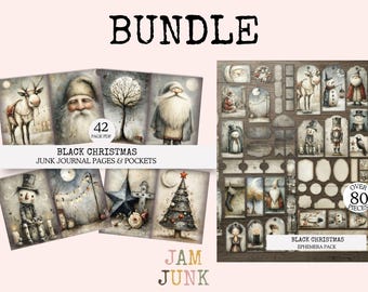 Black Christmas Junk Journal & Ephemera BUNDLE| 42-Page Journal Kit + 80+ Piece Ephemera Set. 8.5x11 PDF