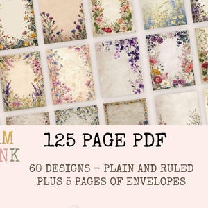 May include: A collection of digital paper designs with floral borders in various colors. The designs include plain and ruled pages, plus envelope templates. The text on the image reads "125 PAGE PDF" and "60 DESIGNS - PLAIN AND RULED PLUS 5 PAGES OF ENVELOPES."
