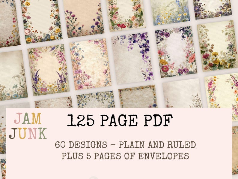 May include: A collection of digital paper designs with floral borders in various colors. The designs include plain and ruled pages, plus envelope templates. The text on the image reads "125 PAGE PDF" and "60 DESIGNS - PLAIN AND RULED PLUS 5 PAGES OF ENVELOPES."