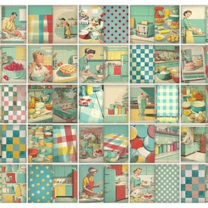 May include: A collage of vintage-style kitchen scenes in a retro color palette of teal, red, and yellow. The images depict various kitchen activities, including cooking, baking, and food preparation, with checkered and polka dot patterns.