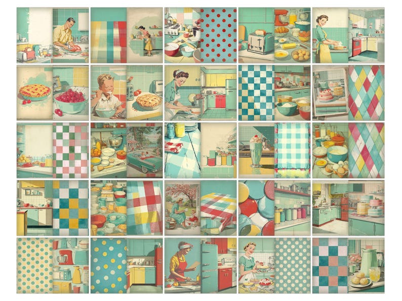 May include: A collage of vintage-style kitchen scenes in a retro color palette of teal, red, and yellow. The images depict various kitchen activities, including cooking, baking, and food preparation, with checkered and polka dot patterns.