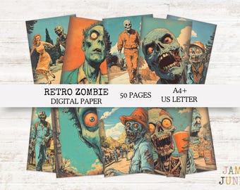 Retro Zombie Digital Paper: 50 Page Horror Craft Pack (A4 & US Letter) (Digital Download)