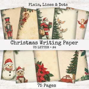May include: Christmas writing paper with vintage illustrations. The designs include a nutcracker, angels, Santa Claus, a snowman, a dog, and poinsettias. The paper is US Letter and A4 size, with 75 pages.