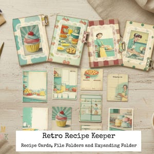 May include: A collection of retro recipe keepers, recipe cards, file folders, and an expanding folder. The recipe keepers feature vintage-style illustrations of cupcakes, kitchen scenes, and women cooking. The color palette includes teal, red, and yellow.
