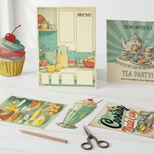 May include: A collection of vintage-style paper cutouts and a cupcake figurine. The cutouts include a menu, a tea party invitation, and illustrations of food and kitchen items. A pencil and scissors are also present. The theme is retro kitchen decor.