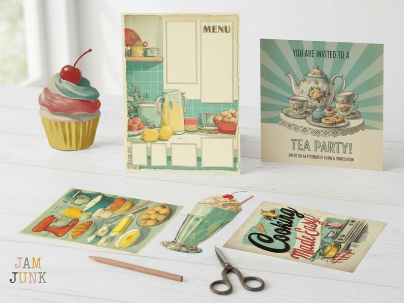 May include: A collection of vintage-style paper cutouts and a cupcake figurine. The cutouts include a menu, a tea party invitation, and illustrations of food and kitchen items. A pencil and scissors are also present. The theme is retro kitchen decor.