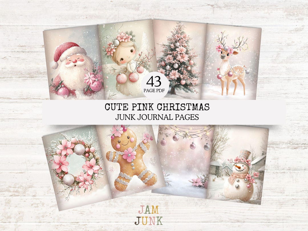 Cute Pink Christmas Junk Journal Paper. Digital Paper for Scrapbooking ...