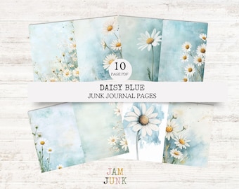 10 Folding Junk Journal Pages – Daisy Blue Theme | Printable Vintage Floral Ephemera for Scrapbooking, Art Journals & Collage