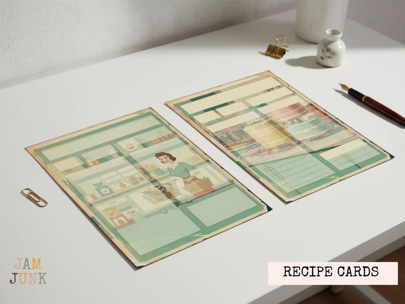 May include: Two vintage-style recipe cards with a retro illustration of a woman in a kitchen. The cards have a green and beige color scheme with space for writing. The words "Recipe Cards" are in a pink rectangle.