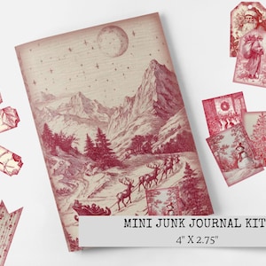 May include: A mini junk journal kit with a winter theme. The kit includes a journal, tags, and cards with a red and cream color scheme. The journal features a mountain scene with a sleigh and reindeer. The kit measures 4" x 2.75".