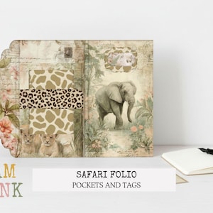 May include: Safari-themed folio with pockets and tags. The design features an elephant, lions, and giraffe print accents. The folio has a scalloped edge and includes the text "Safari Folio Pockets and Tags."